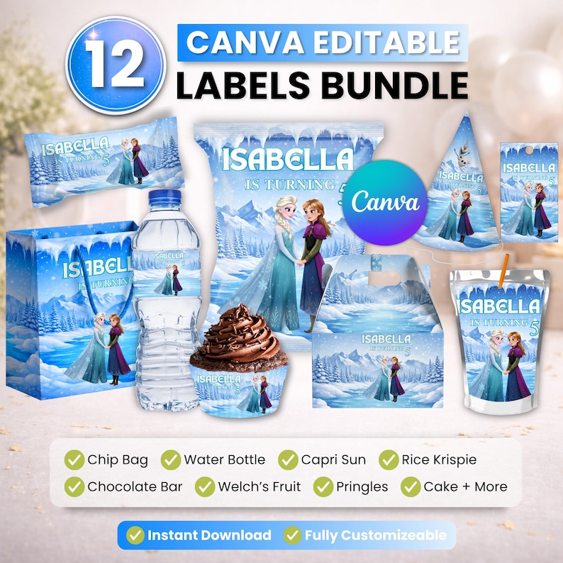Frozen Party favor bundle, Frozen Party Decor, Birthday Decor, Chip bag, Water bottle label, Chocolate Wrapper, Caprisun Label, Gabble Box image 1