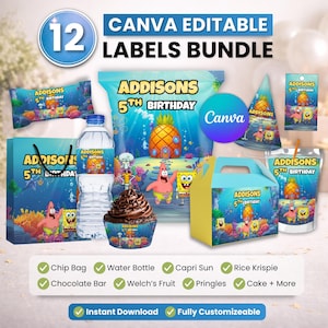 May include: A bundle of 12 Canva editable party labels featuring Spongebob Squarepants characters and the text Addisons 5th Birthday. Includes designs for a chip bag, water bottle, cupcake wrapper, party hat, favor box, and drink pouch.
