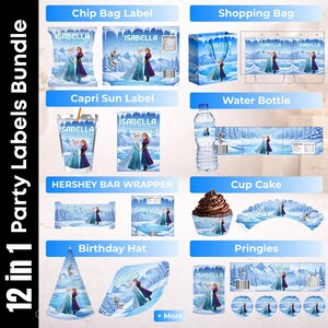 Frozen Party favor bundle, Frozen Party Decor, Birthday Decor, Chip bag, Water bottle label, Chocolate Wrapper, Caprisun Label, Gabble Box image 2