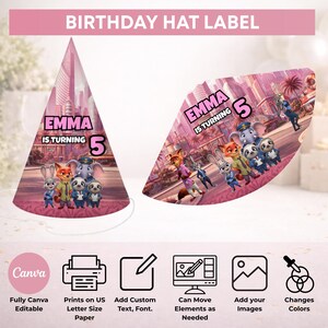 May include: A printable birthday hat label featuring Zootopia characters and the text EMMA IS TURNING 5. The design includes a conical hat and a flat template, both with pink city backgrounds. Icons below indicate Canva compatibility and editing features.