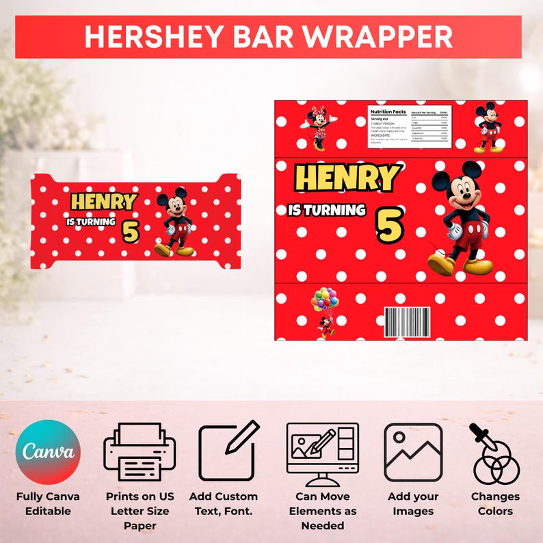 Mickey Mouse Party favor bundle, Mickey Mouse Party Decor, Birthday Decor, Chip bag, Water bottle label, Chocolate Wrapper, Caprisun Label image 8