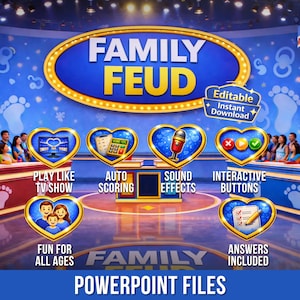 Op de afbeelding: Een digitaal Family Feud spelsjabloon voor PowerPoint met een blauwe achtergrond en goudomrande hartpictogrammen. De tekst bevat Play Like TV Show, Auto Scoring, Sound Effects, Interactive Buttons, Fun For All Ages en Answers Included.