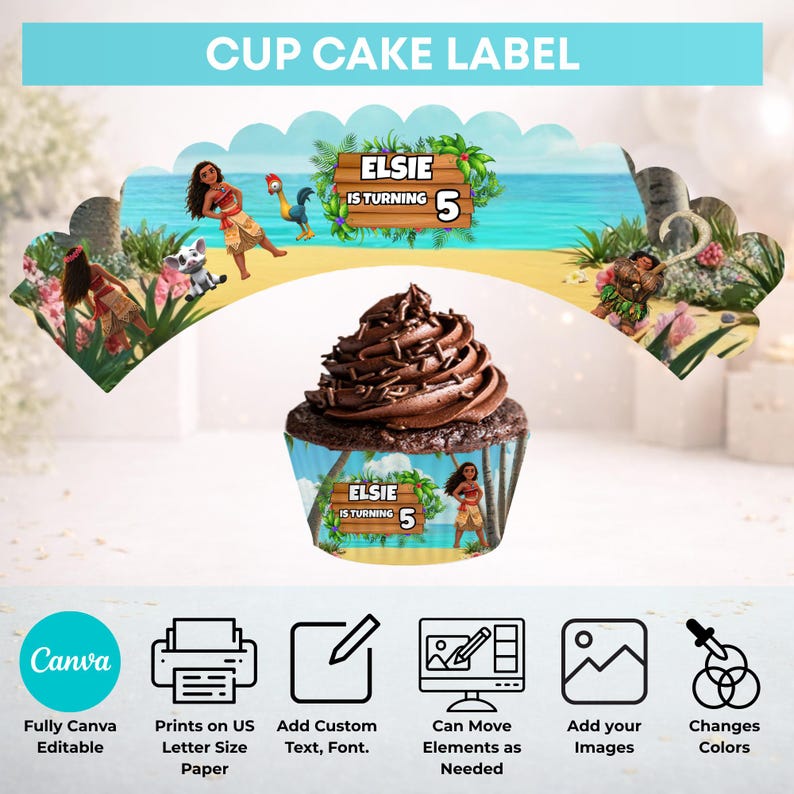 Puede incluir: Un envoltorio para cupcakes con una escena de playa tropical, personajes de dibujos animados, palmeras y un letrero de madera que dice ELSIE IS TURNING 5. Un cupcake de chocolate en el centro. Debajo hay iconos para edici&oacute;n en Canva.
