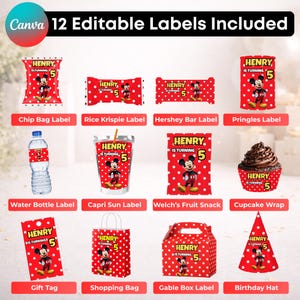 May include: A set of 12 editable party labels featuring a red and white polka dot pattern, an illustration of Mickey Mouse, and the text Henry is turning 5. The collection includes designs for chip bags, candy bars, water bottles, and party hats.