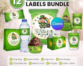 Lot de cadeaux ST.Patrick, décoration de fête, décoration d'anniversaire ST.Patrick, sac de chips, étiquette de bouteille d'eau, emballage de chocolat, étiquette caprisun