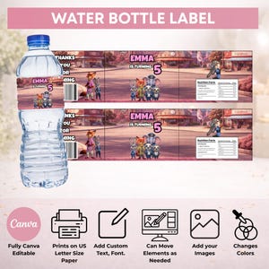 May include: A clear plastic water bottle with a custom label featuring Zootopia characters, the text EMMA IS TURNING 5, and a nutrition facts panel. The label design includes a city street background, a barcode, and thank you text.