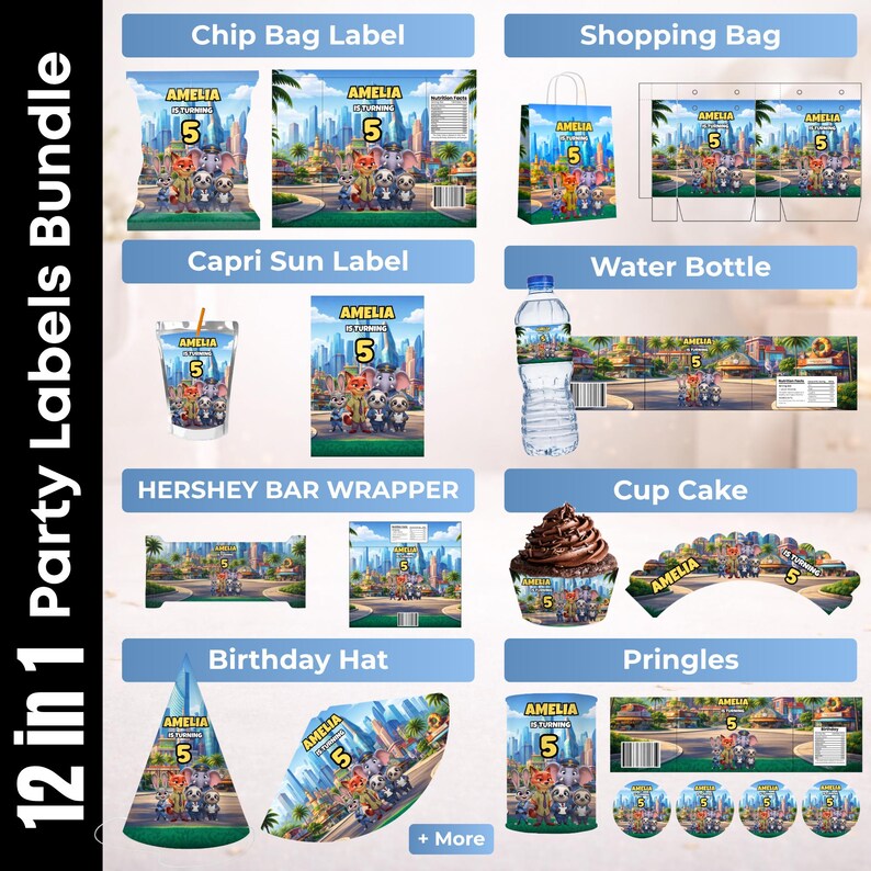 Puede incluir: Un paquete de 12 etiquetas para fiestas con tem&aacute;tica de Zootopia para bolsas de patatas, bolsas de compra, sobres de bebida, botellas de agua, chocolatinas, cupcakes, gorros de cumplea&ntilde;os y latas de Pringles, personalizadas con Amelia is turning 5.