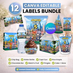 Puede incluir: Un paquete de 12 etiquetas de fiesta editables con un dise&ntilde;o tem&aacute;tico de Zootopia y el texto Amelia is turning 5. El conjunto incluye plantillas para bolsas de patatas, botellas de agua, envoltorios de cupcakes, cajas y bolsas de zumo.