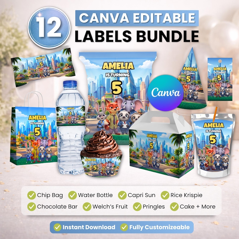 Puede incluir: Un paquete de 12 etiquetas de fiesta editables con un dise&ntilde;o tem&aacute;tico de Zootopia y el texto Amelia is turning 5. El conjunto incluye plantillas para bolsas de patatas, botellas de agua, envoltorios de cupcakes, cajas y bolsas de zumo.