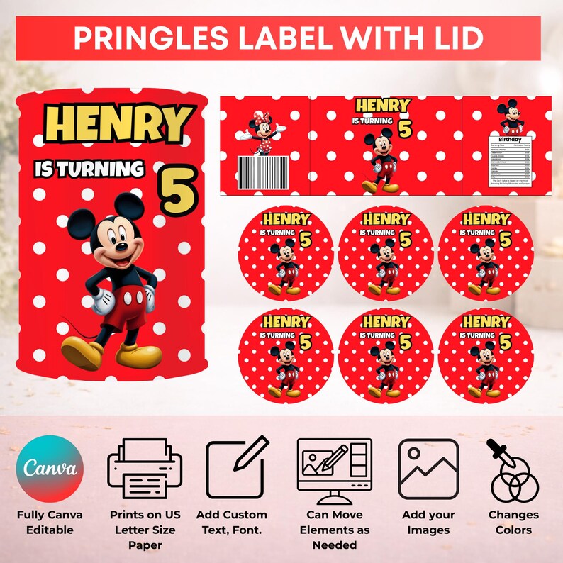 May include: A digital template for Pringles labels and lids featuring a red background with white polka dots, Mickey Mouse, and the text Henry is turning 5. The design includes a barcode, nutrition facts, and icons for Canva editing features.