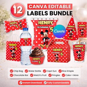 May include: A bundle of 12 editable party labels featuring a red and white polka dot theme with Mickey Mouse graphics. Each item displays the text Henry is turning 5. The set includes designs for chip bags, water bottles, and treat boxes.