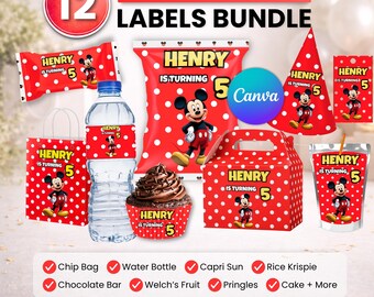 Mickey Mouse Party favor bundle, Mickey Mouse Party Decor, Birthday Decor, Chip bag, Water bottle label, Chocolate Wrapper, Caprisun Label