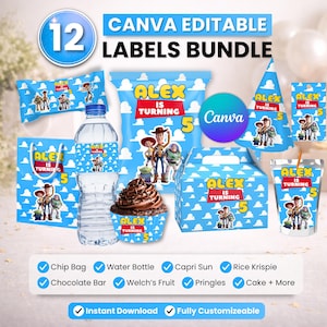 May include: A bundle of 12 editable party labels featuring a blue sky and white cloud pattern with Toy Story characters. The labels include text reading Alex is turning 5 and are applied to a water bottle, chip bag, cupcake wrapper, and party hat.