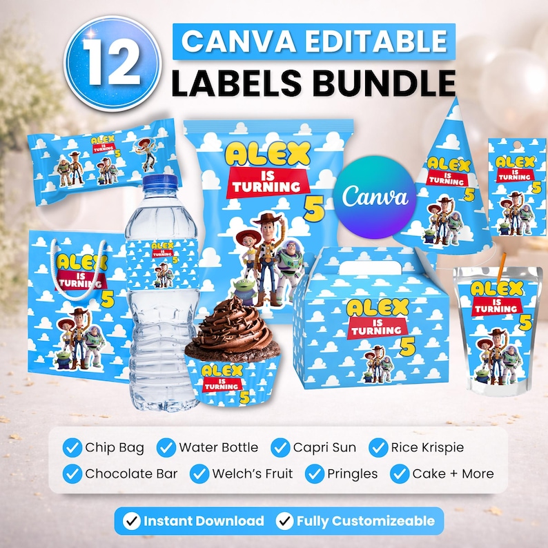 May include: A bundle of 12 editable party labels featuring a blue sky and white cloud pattern with Toy Story characters. The labels include text reading Alex is turning 5 and are applied to a water bottle, chip bag, cupcake wrapper, and party hat.