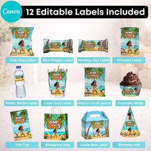 Puede incluir: Una colecci&oacute;n digital de 12 etiquetas de fiesta editables con tem&aacute;tica de playa tropical, un personaje, palmeras y el texto Elsie is turning 5. Incluye dise&ntilde;os para bolsas de patatas, barritas de chocolate, botellas y gorros de fiesta.