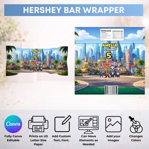 Puede incluir: Un dise&ntilde;o rectangular de envoltorio para barra de chocolate con un paisaje urbano colorido, personajes animales de dibujos animados, el texto AMELIA IS TURNING 5, una etiqueta de informaci&oacute;n nutricional y un c&oacute;digo de barras, en vista plana y envuelta.