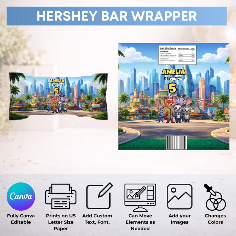 Puede incluir: Un dise&ntilde;o rectangular de envoltorio para barra de chocolate con un paisaje urbano colorido, personajes animales de dibujos animados, el texto AMELIA IS TURNING 5, una etiqueta de informaci&oacute;n nutricional y un c&oacute;digo de barras, en vista plana y envuelta.