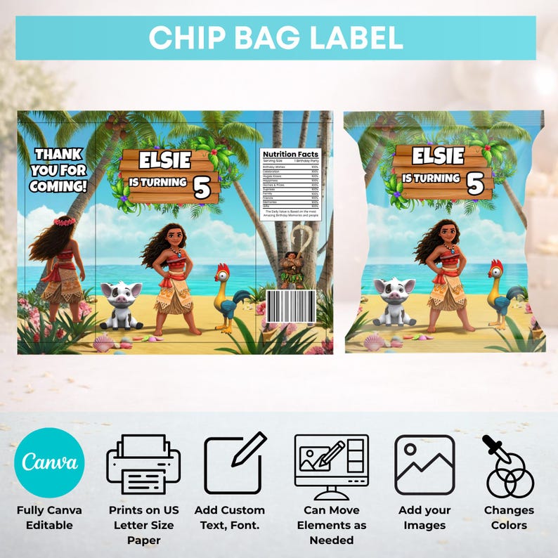 Puede incluir: Una etiqueta imprimible para bolsa de patatas con una escena de playa tropical y personajes de Moana, incluyendo un cerdo y un gallo. El texto dice Elsie is turning 5 y Thank you for coming. Incluye una tabla nutricional y un c&oacute;digo de barras.