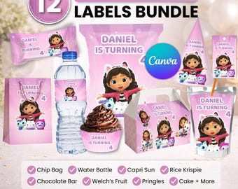 Gabby's Dollhouse Party favor bundle, Gabby's Dollhouse Party Decor, Birthday Decor, Chip bag, Water bottle label, Chocolate Wrapper