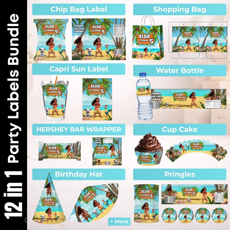 Moana Party favor bundle, Moana Party Decor, Birthday Decor, Chip bag, Water bottle label, Chocolate Wrapper, Caprisun Label imagen 5