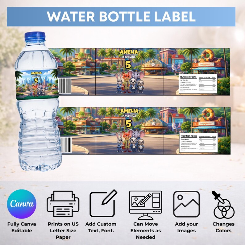 Puede incluir: Una botella de agua de pl&aacute;stico transparente con una etiqueta personalizada que muestra un fondo de ciudad estilo Zootopia, personajes animales, el texto AMELIA IS TURNING 5 y una tabla nutricional. Debajo hay iconos para edici&oacute;n y personalizaci&oacute;n.