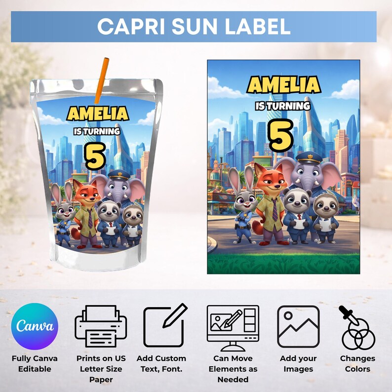 Puede incluir: Una plantilla de etiqueta para Capri Sun con un gr&aacute;fico tem&aacute;tico de Zootopia y el texto AMELIA IS TURNING 5. El dise&ntilde;o incluye una maqueta de bolsa de jugo y un formato de impresi&oacute;n rectangular con personajes animados y un horizonte urbano.