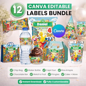 May include: A bundle of 12 editable party labels featuring Sesame Street characters, the name Daniel, and the number 4. The set includes designs for chip bags, water bottles, juice pouches, chocolate bars, and party hats with a colourful street scene.