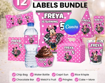 Minnie Mouse Party favor bundle, Minnie Mouse Party Decor, Birthday Decor, Chip bag, Water bottle label, Chocolate Wrapper, Caprisun Label