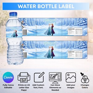 May include: A clear plastic water bottle with a custom label featuring a snowy landscape, two animated characters, and the text Isabella is turning 5. The label includes a nutrition facts panel and a barcode. Below are icons for Canva editing.