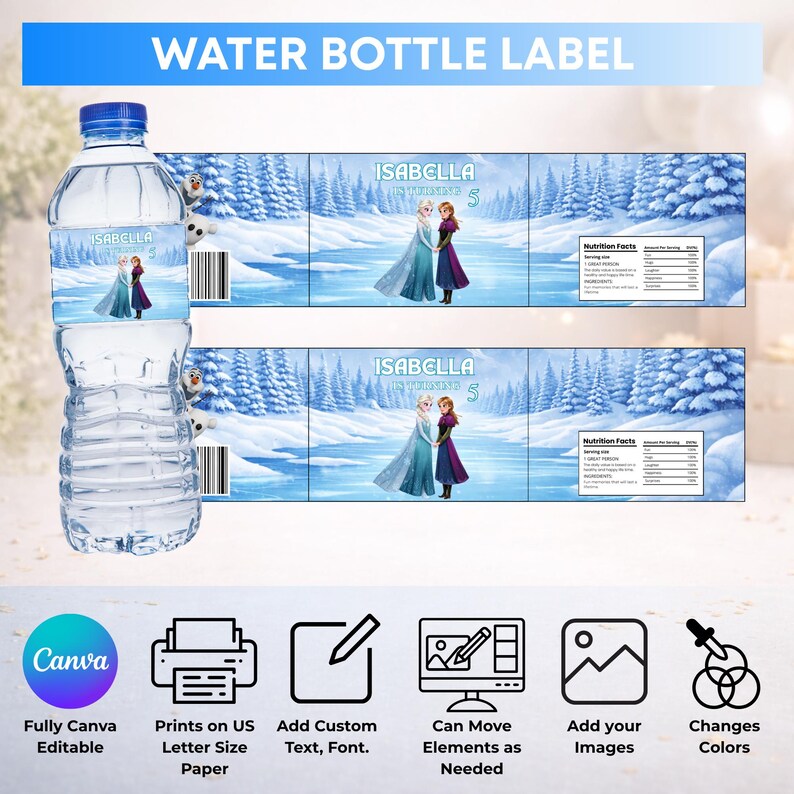 May include: A clear plastic water bottle with a custom label featuring a snowy landscape, two animated characters, and the text Isabella is turning 5. The label includes a nutrition facts panel and a barcode. Below are icons for Canva editing.