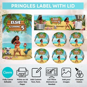 Puede incluir: Una plantilla digital para etiquetas y tapas de Pringles con una escena de playa tropical, un personaje, un cerdo y un gallo. El texto dice Elsie is turning 5. Incluye iconos para edici&oacute;n en Canva, impresi&oacute;n y personalizaci&oacute;n de texto.