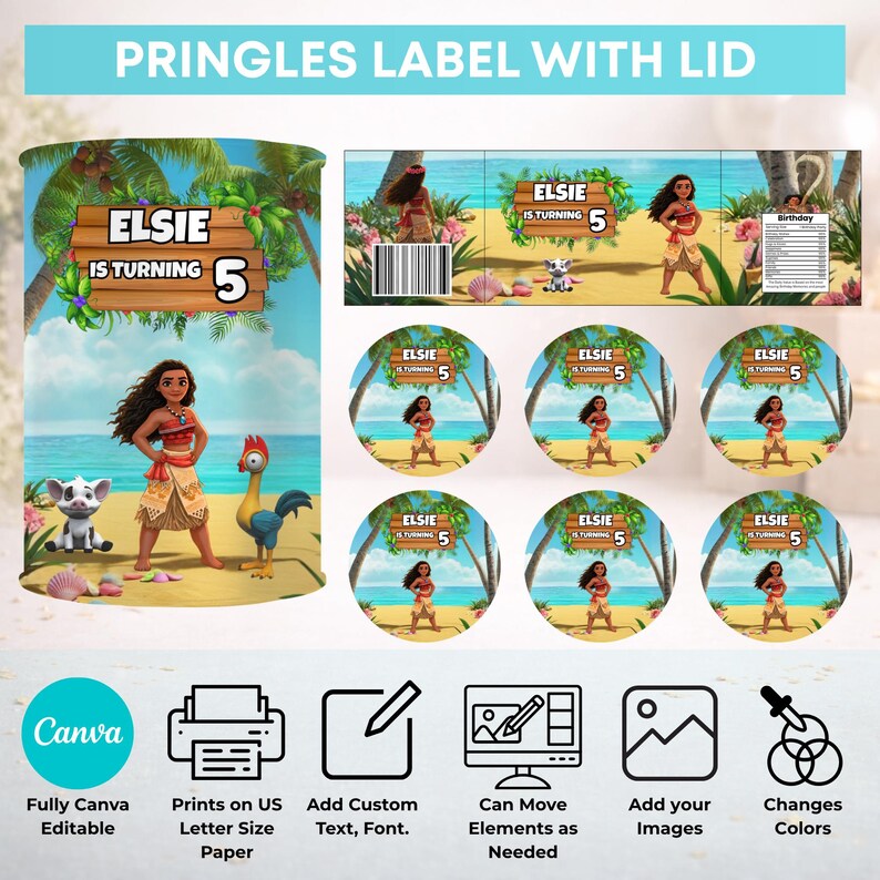Puede incluir: Una plantilla digital para etiquetas y tapas de Pringles con una escena de playa tropical, un personaje, un cerdo y un gallo. El texto dice Elsie is turning 5. Incluye iconos para edici&oacute;n en Canva, impresi&oacute;n y personalizaci&oacute;n de texto.