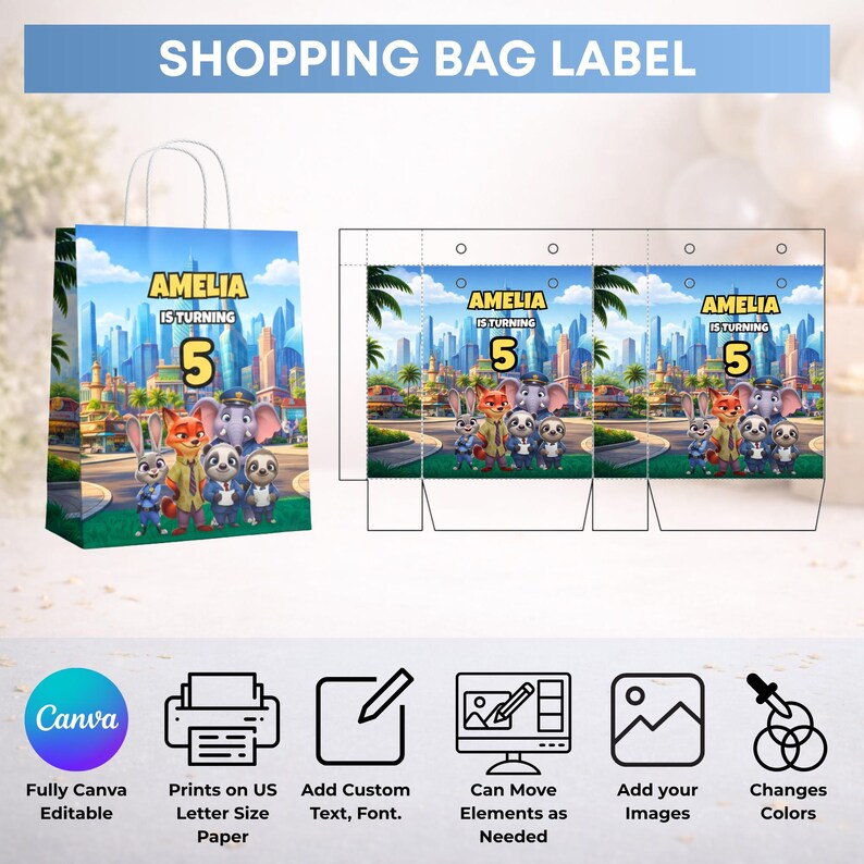 Puede incluir: Una plantilla de etiqueta para bolsa de compras con un fondo de ciudad de Zootopia, personajes de dibujos animados, el texto AMELIA IS TURNING 5 y seis iconos que indican edici&oacute;n en Canva, impresi&oacute;n y opciones de personalizaci&oacute;n.