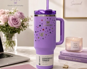 Purple Butterfly Star 40oz Tumbler Cup With Handle & Straw | Insulated Travel Mug