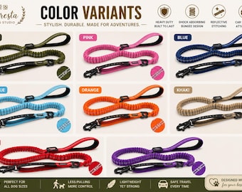 Reflective Tactical Dog Leash | Shock Absorbing Bungee, Car Seatbelt Clip, Large Dogs