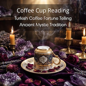 Pode incluir: Uma chávena de café turco branca e azul-marinho com rebordo e asa dourados, colocada virada para baixo num pires a condizer. A chávena apresenta padrões dourados intrincados e texto. O vapor sobe da chávena, rodeada por velas e cristais roxos.