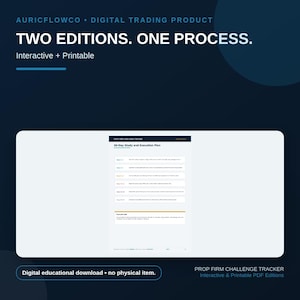 Peut inclure: Un produit de trading numérique intitulé Prop Firm Challenge Tracker présentant un plan d'étude et d'exécution de 30 jours. Le document comprend des éditions PDF interactives et imprimables avec du texte détaillant un processus structuré.
