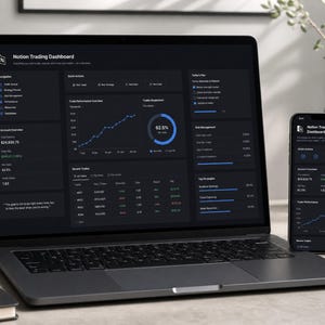 May include: A laptop and a smartphone displaying a dark-themed Notion Trading Dashboard. The screen shows financial data, including a line graph, a circular progress chart, account balances, and a list of recent trades with blue accents.