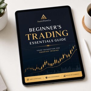 May include: A digital tablet displaying a dark blue cover titled Beginner's Trading Essentials Guide by AuricFlowCo. The screen features gold text, a rising candlestick chart, and three bottom icons labelled Simple Strategies, Risk Management, and Discipline & Growth.