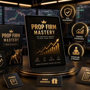 Op de afbeelding: Een zwarte tablet met Prop Firm Mastery en een gouden opwaartse trendgrafiek, omringd door een bijpassende doos, kaarten met Trading Strategies, Journal, Bonus Resources, Rules en ronde iconen voor Risk Management, Proven Strategies en Discipline.