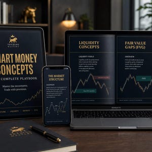 Op de afbeelding: Een tablet, smartphone en laptop tonen een digitale handelsgids getiteld Smart Money Concepts The Complete Playbook. De schermen tonen financiële grafieken, liquiditeitsconcepten en fair value gaps. Een zwart notitieboek en pen liggen op de voorgrond.