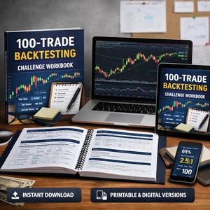 May include: A 100-Trade Backtesting Challenge Workbook with a dark blue cover featuring a stock market candlestick chart. The set includes a laptop, a tablet, a smartphone displaying trading statistics, a spiral-bound notebook, and a pen.