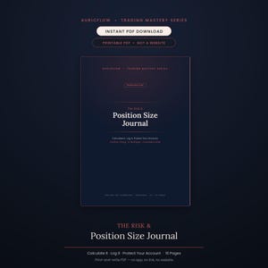 Peut inclure: Un document numérique bleu marine foncé intitulé The Risk & Position Size Journal de la série Auricflow Trading Mastery. La couverture présente du texte blanc, notamment Calculate It, Log It, Protect Your Account, Position Sizing, R-Multiples et Correlation Risk.