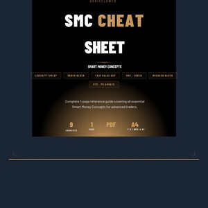 May include: A digital cheat sheet with the text "SMC CHEAT SHEET" in white and gold. It includes key concepts like "Liquidity Sweep" and "Order Block." The guide is a 1-page PDF, A4 size, covering Smart Money Concepts for advanced traders.