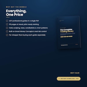 Puede incluir: Un documento digital azul oscuro titulado The Complete Trading Library, que presenta una lista de cinco guías profesionales, 110 páginas de formación visual y temas que incluyen oro, scalping, noticias, velas y patrones de gráficos.