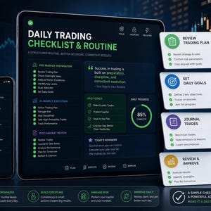 May include: A digital display showing a Daily Trading Checklist & Routine with sections for pre-market preparation, in-market execution, and post-market review. The interface features green, blue, purple, and orange icons, text, and a progress circle.