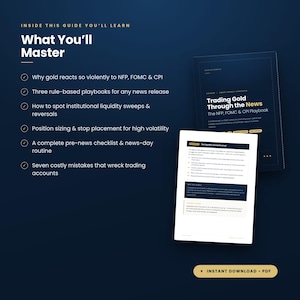 May include: A digital guide titled Trading Gold Through the News, The NFP, FOMC & CPI Playbook, featuring a list of learning objectives including why gold reacts to news, rule-based playbooks, liquidity sweeps, and a pre-news checklist for traders.