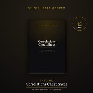 Peut inclure: Un document numérique de 12 pages intitulé The Gold Correlations Cheat Sheet de la série Auricflow Gold Trading. La couverture noire présente du texte doré détaillant US Dollar, Real Yields et Risk Sentiment, avec un badge 12 pages.