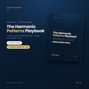 May include: A digital guide titled The Harmonic Patterns Playbook by Auricflowco, featuring a dark blue background with white and gold text. It covers Fibonacci price action, including Gartley, Bat, Butterfly, and Crab patterns, and is a 19-page PDF.