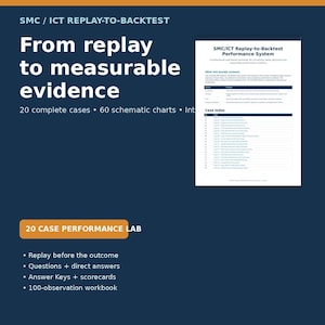 Puede incluir: Un documento digital titulado SMC / ICT Replay-to-Backtest Performance System que incluye 20 casos completos, 60 gráficos esquemáticos y un libro de trabajo de 100 observaciones. El fondo azul oscuro muestra texto blanco y una vista previa.